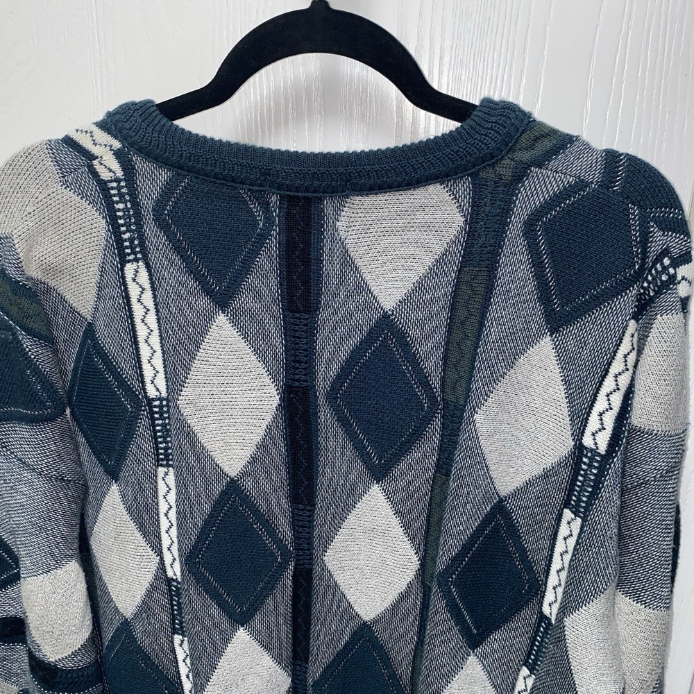 Vintage Portocruz‎ V-Neck Teal Grey Argyle Knit Sweater Art Medium - Picture 10 of 14
